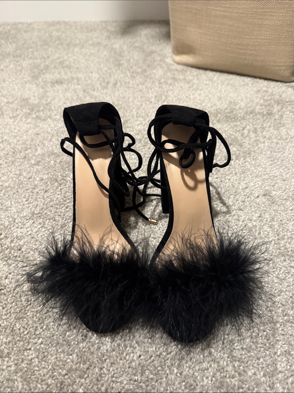 Women's Black Feather Ankle-Tie Heels